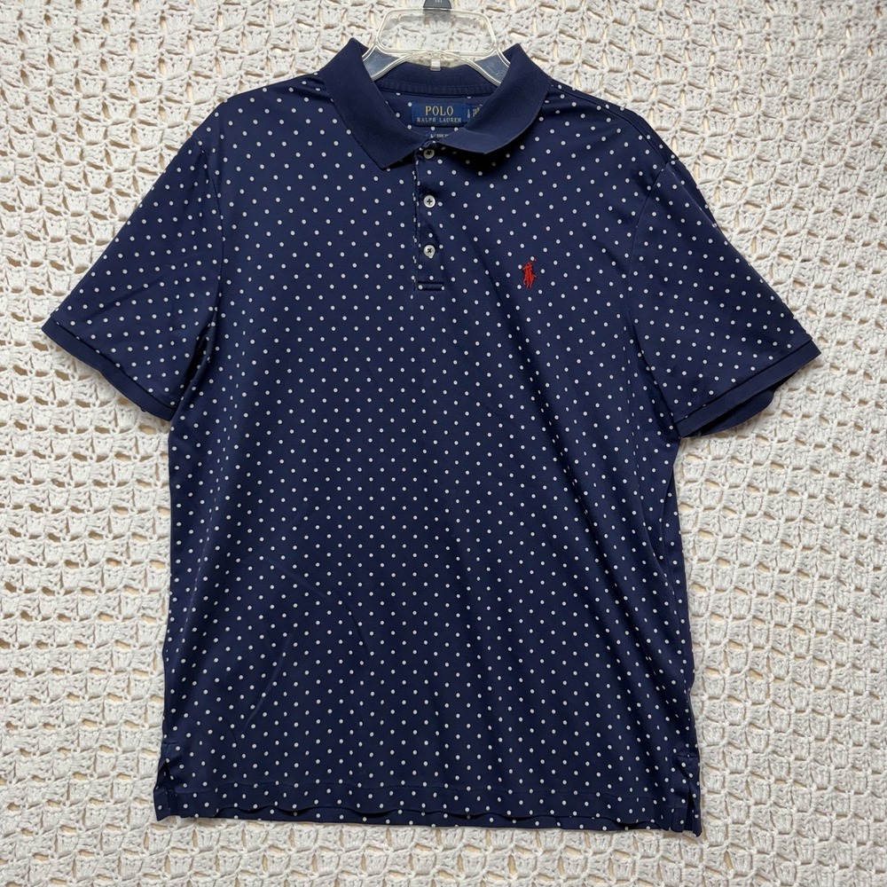 Ralph Lauren Polo Shirt Mens L Blue Dot Print Red Pony Short Sleeve 100% Cotton